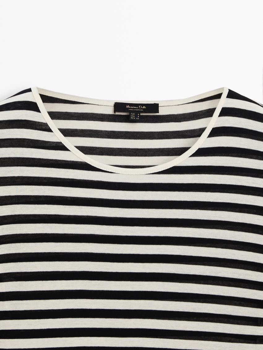 Massimo Dutti Long Sleeve Striped Cotton Women T-Shirt White / Black | US-WV0328659