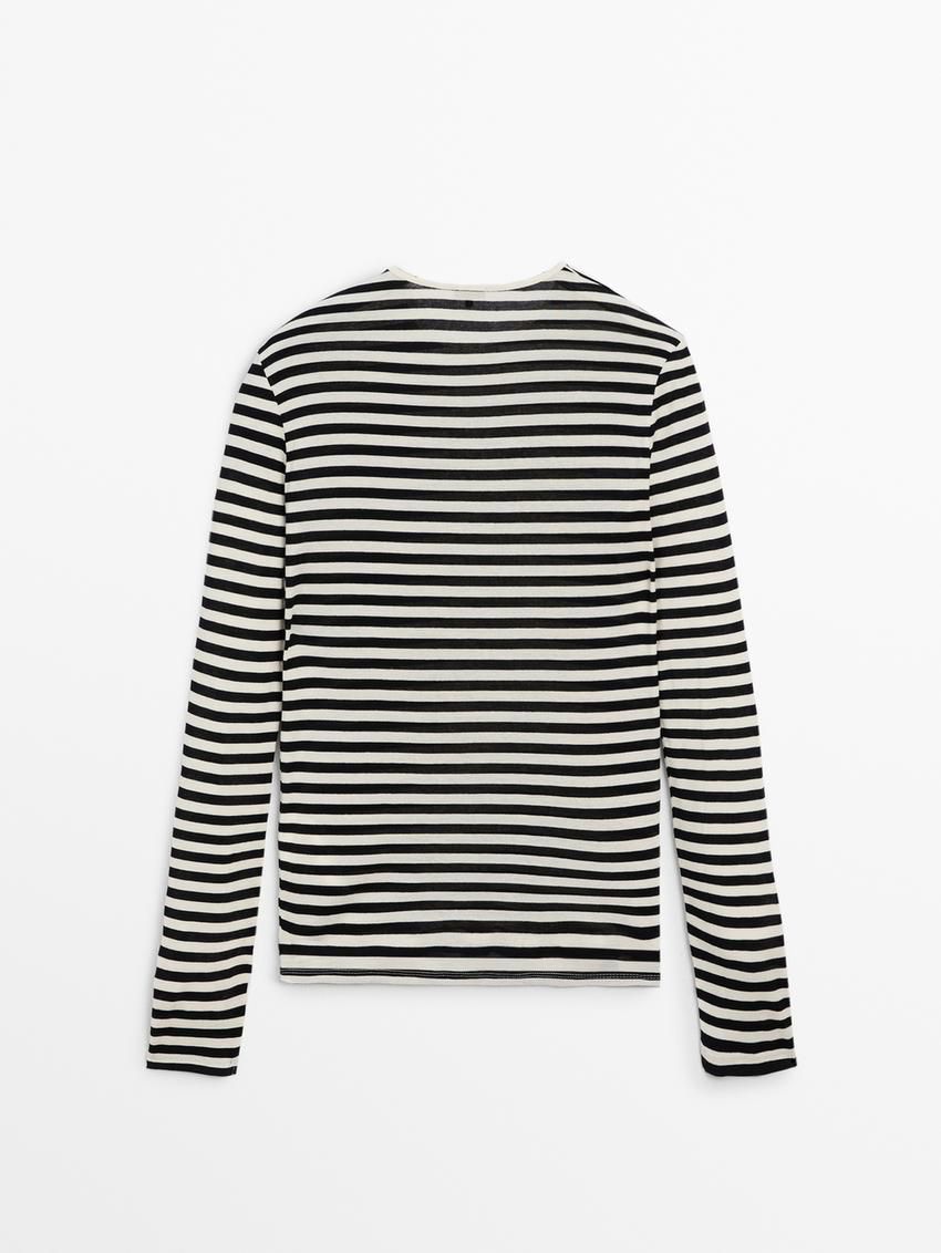 Massimo Dutti Long Sleeve Striped Cotton Women T-Shirt White / Black | US-WV0328659