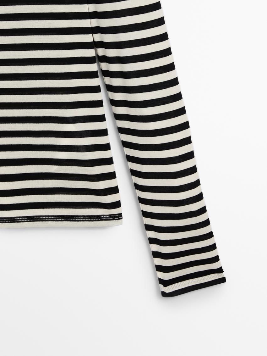 Massimo Dutti Long Sleeve Striped Cotton Women T-Shirt White / Black | US-WV0328659