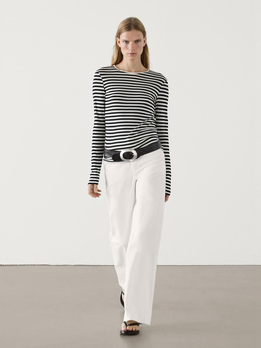 Massimo Dutti Long Sleeve Striped Cotton Women T-Shirt White / Black | US-WV0328659