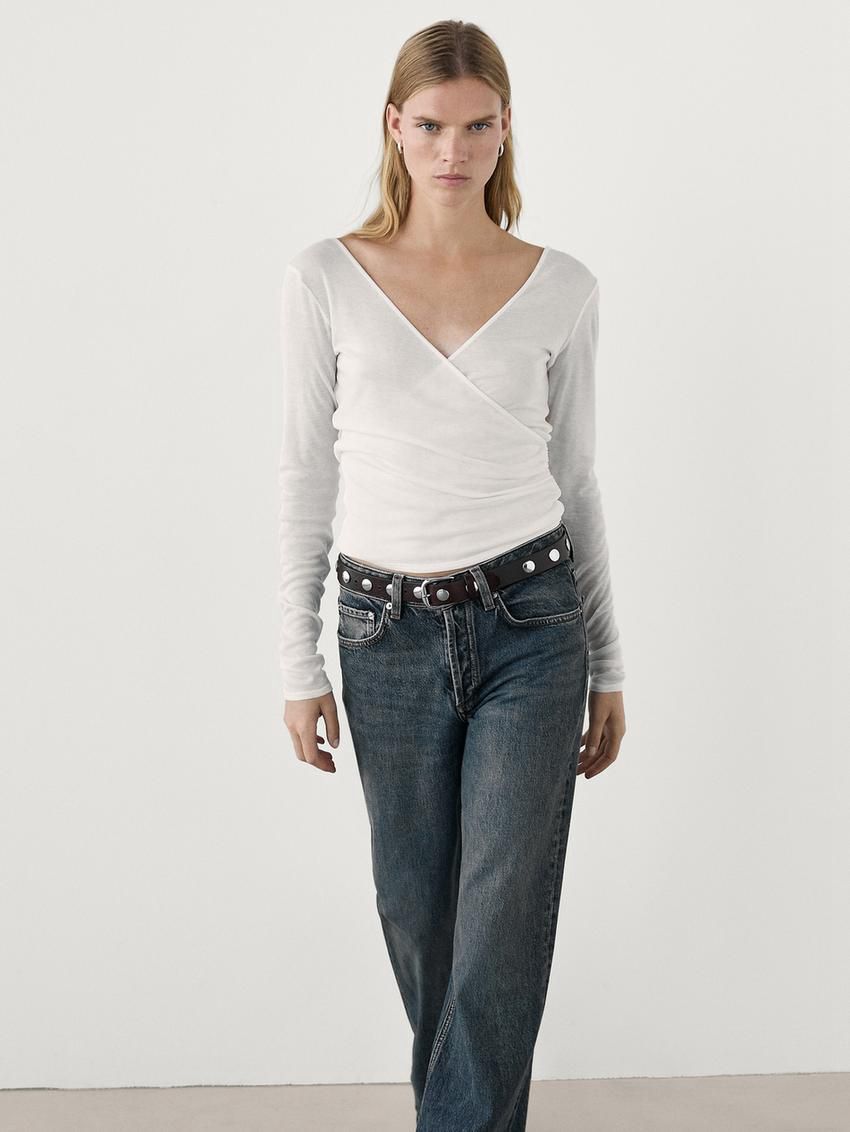 Massimo Dutti Long Sleeve V-neck Women T-Shirt Cream | US-YW9583126