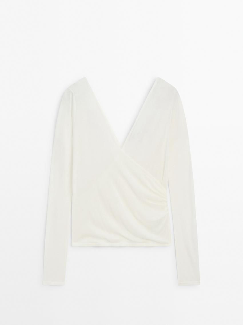 Massimo Dutti Long Sleeve V-neck Women T-Shirt Cream | US-YW9583126