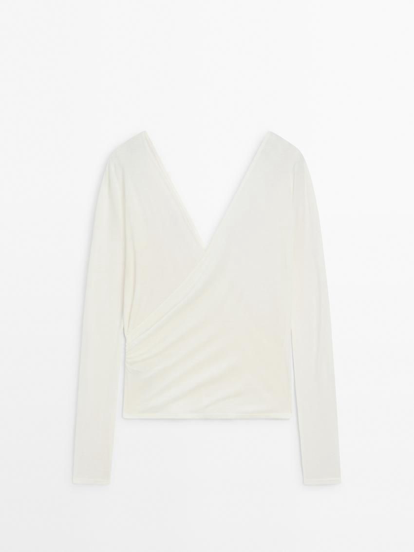 Massimo Dutti Long Sleeve V-neck Women T-Shirt Cream | US-YW9583126