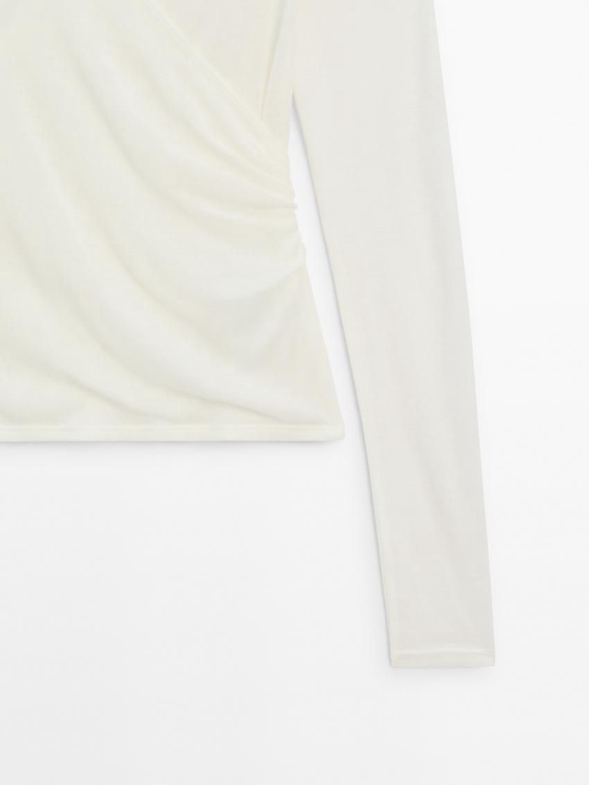 Massimo Dutti Long Sleeve V-neck Women T-Shirt Cream | US-YW9583126