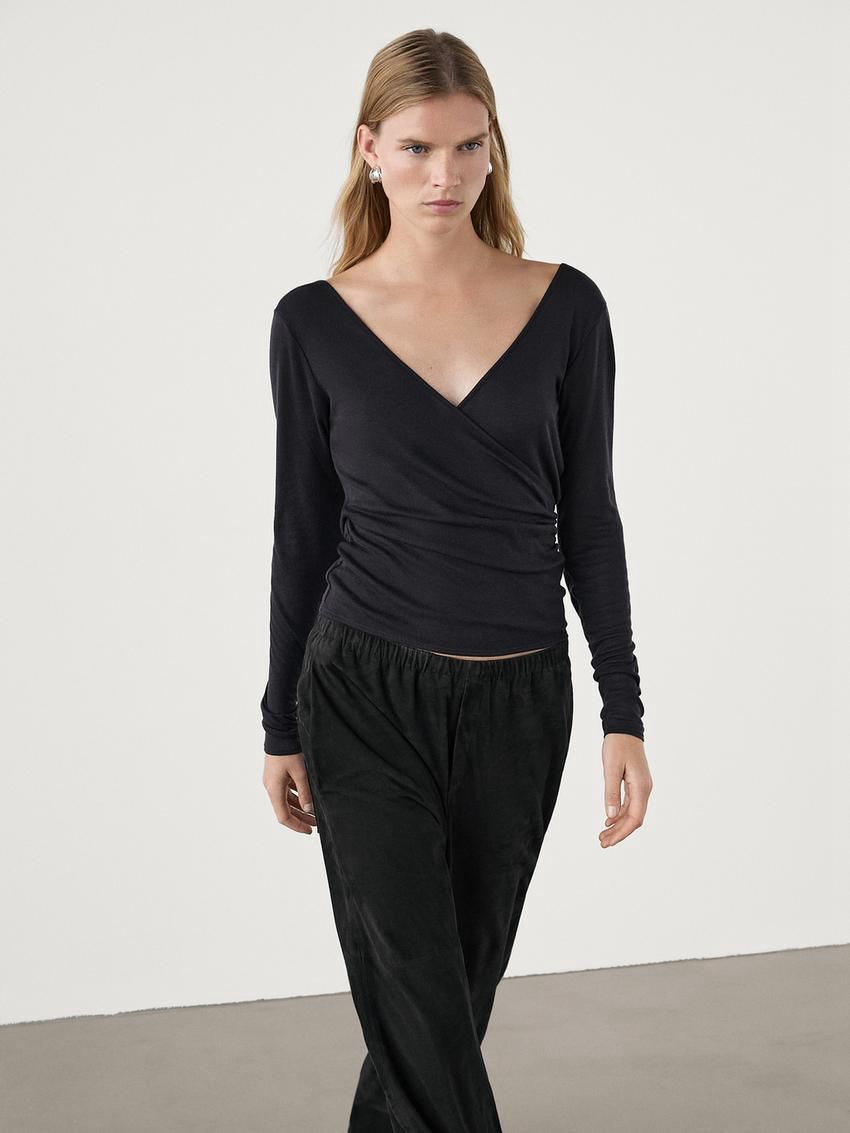 Massimo Dutti Long Sleeve V-neck Women T-Shirt Navy | US-HV8943216