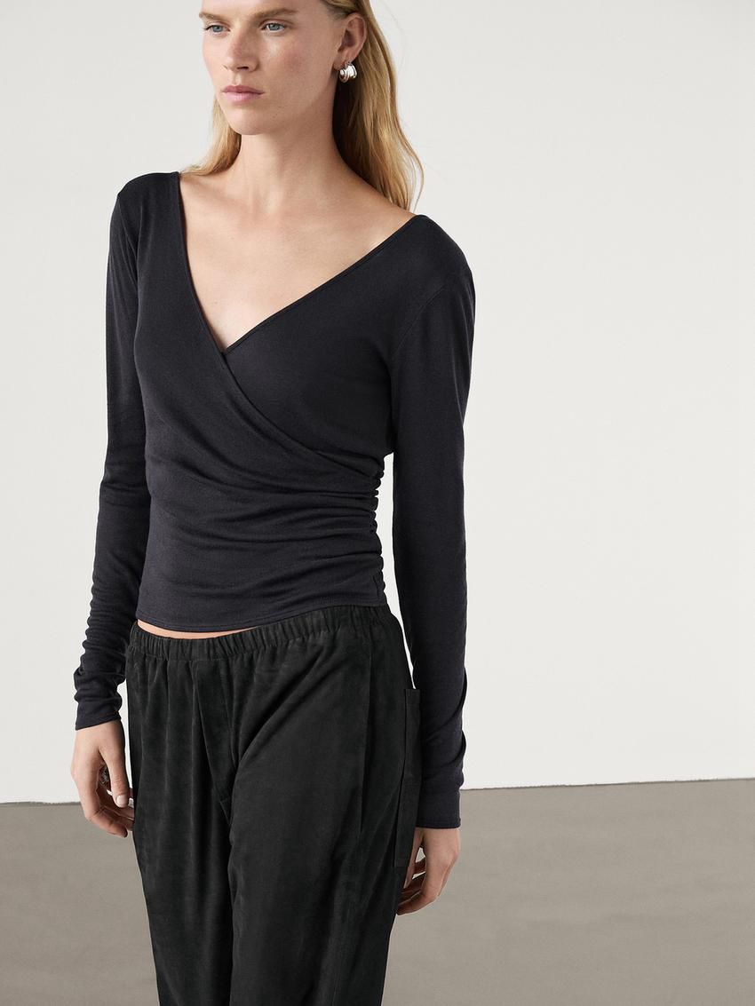 Massimo Dutti Long Sleeve V-neck Women T-Shirt Navy | US-HV8943216
