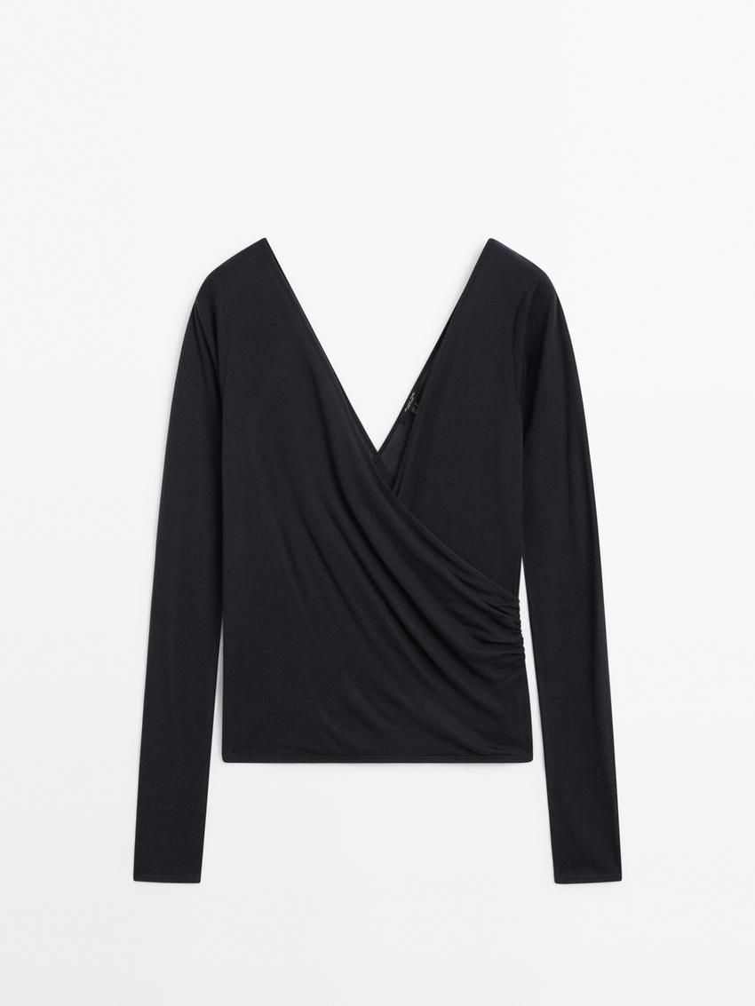 Massimo Dutti Long Sleeve V-neck Women T-Shirt Navy | US-HV8943216