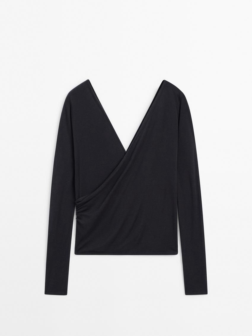 Massimo Dutti Long Sleeve V-neck Women T-Shirt Navy | US-HV8943216