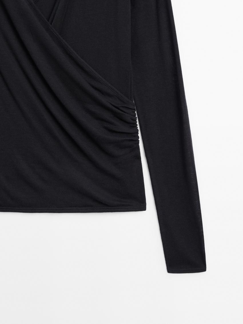 Massimo Dutti Long Sleeve V-neck Women T-Shirt Navy | US-HV8943216