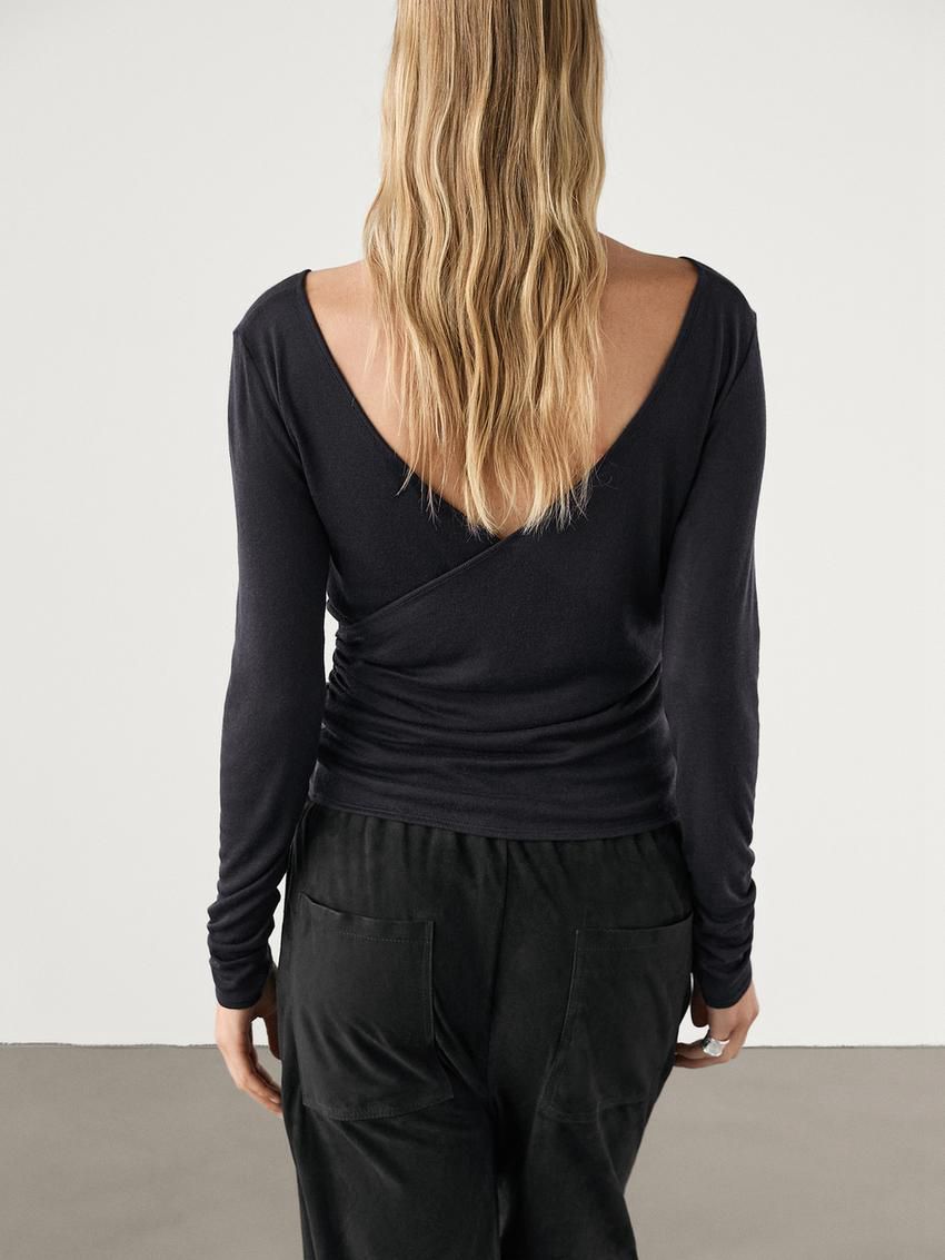Massimo Dutti Long Sleeve V-neck Women T-Shirt Navy | US-HV8943216