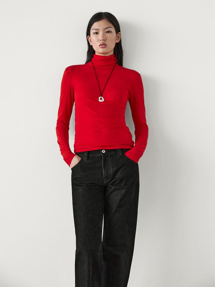Massimo Dutti Long Sleeve Wool Women T-Shirt Red | US-YC8439710