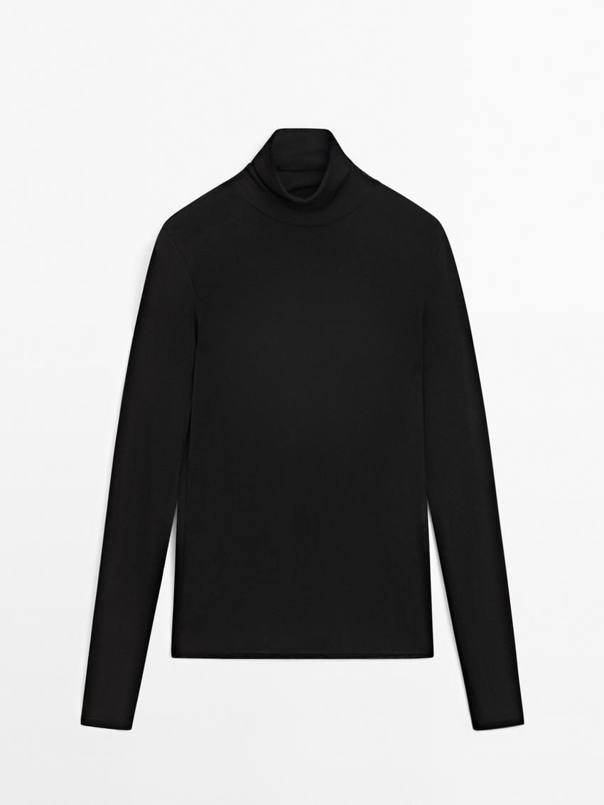 Massimo Dutti Long Sleeve Wool Women T-Shirt Black | US-YP1073824