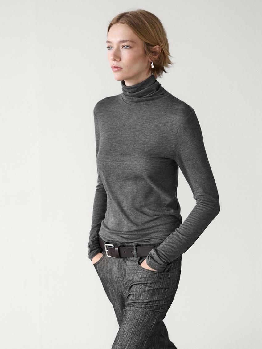 Massimo Dutti Long Sleeve Wool Women T-Shirt Dark Grey | US-TU7198253