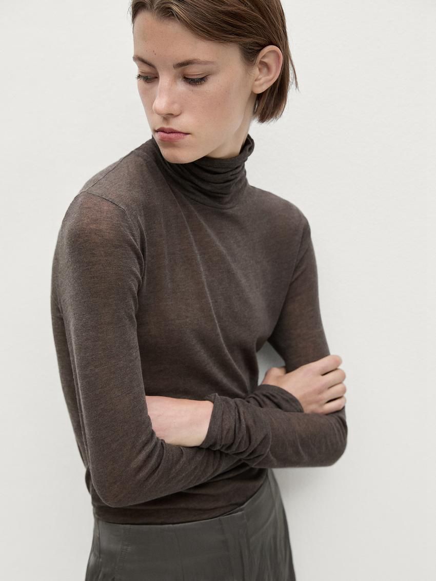 Massimo Dutti Long Sleeve Wool Women T-Shirt Dark Brown | US-MZ9426817