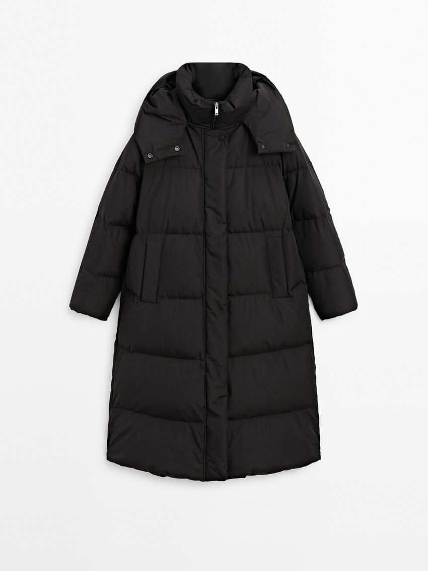 Massimo Dutti Long With Hood Women Puffer Jacket Black | US-ZV1802476
