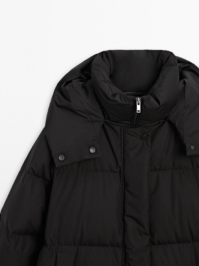 Massimo Dutti Long With Hood Women Puffer Jacket Black | US-ZV1802476