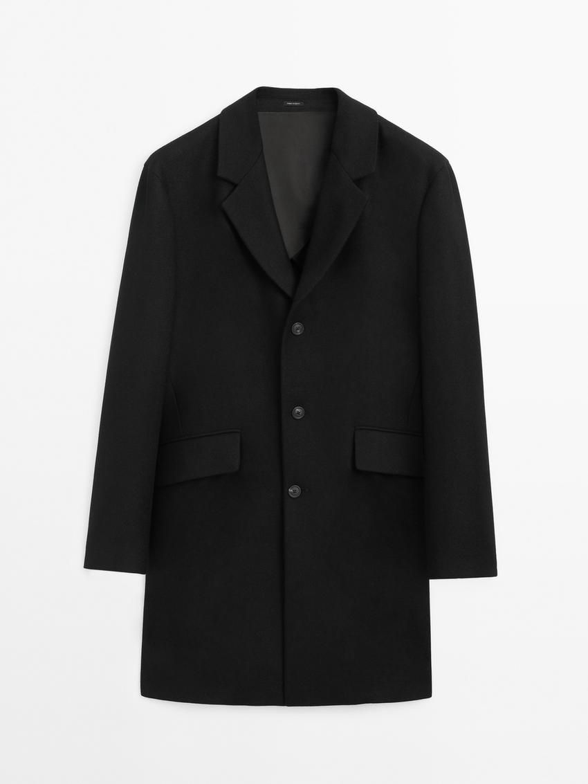 Massimo Dutti Long Wool Blend Men Coat Black | US-RO5763219