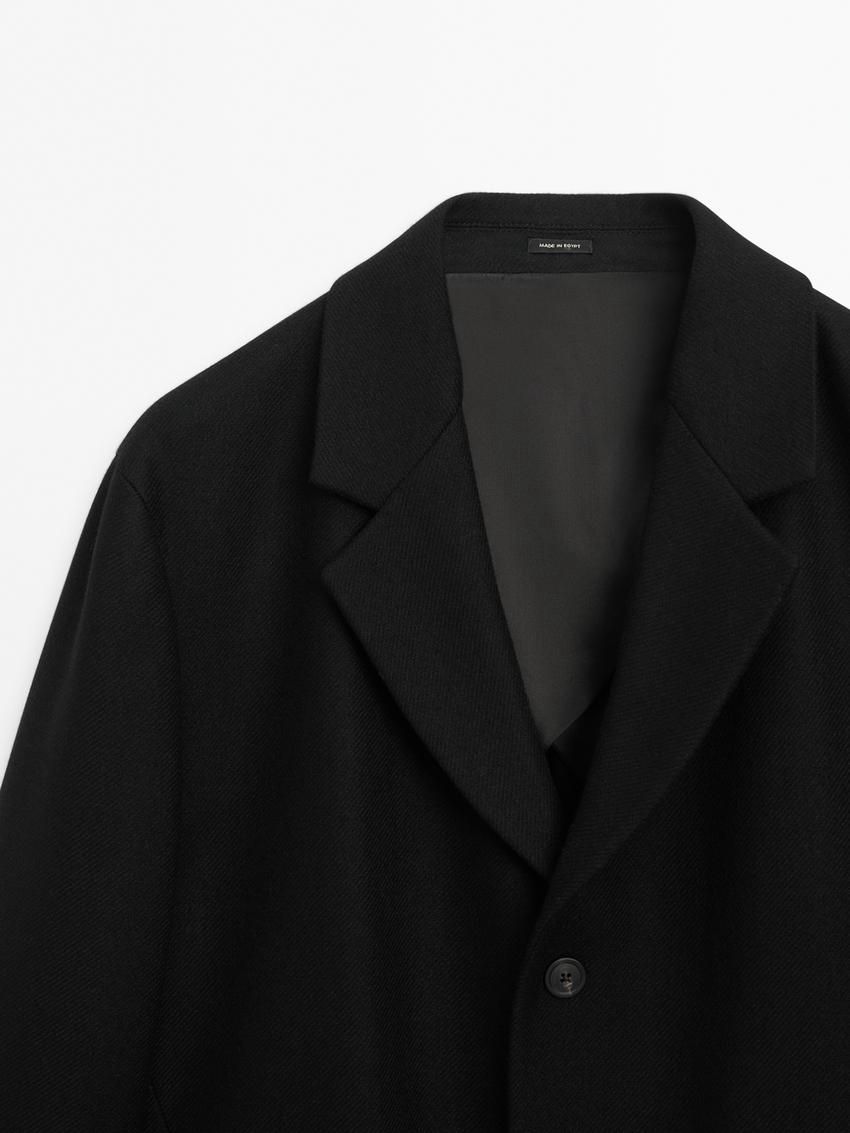 Massimo Dutti Long Wool Blend Men Coat Black | US-RO5763219
