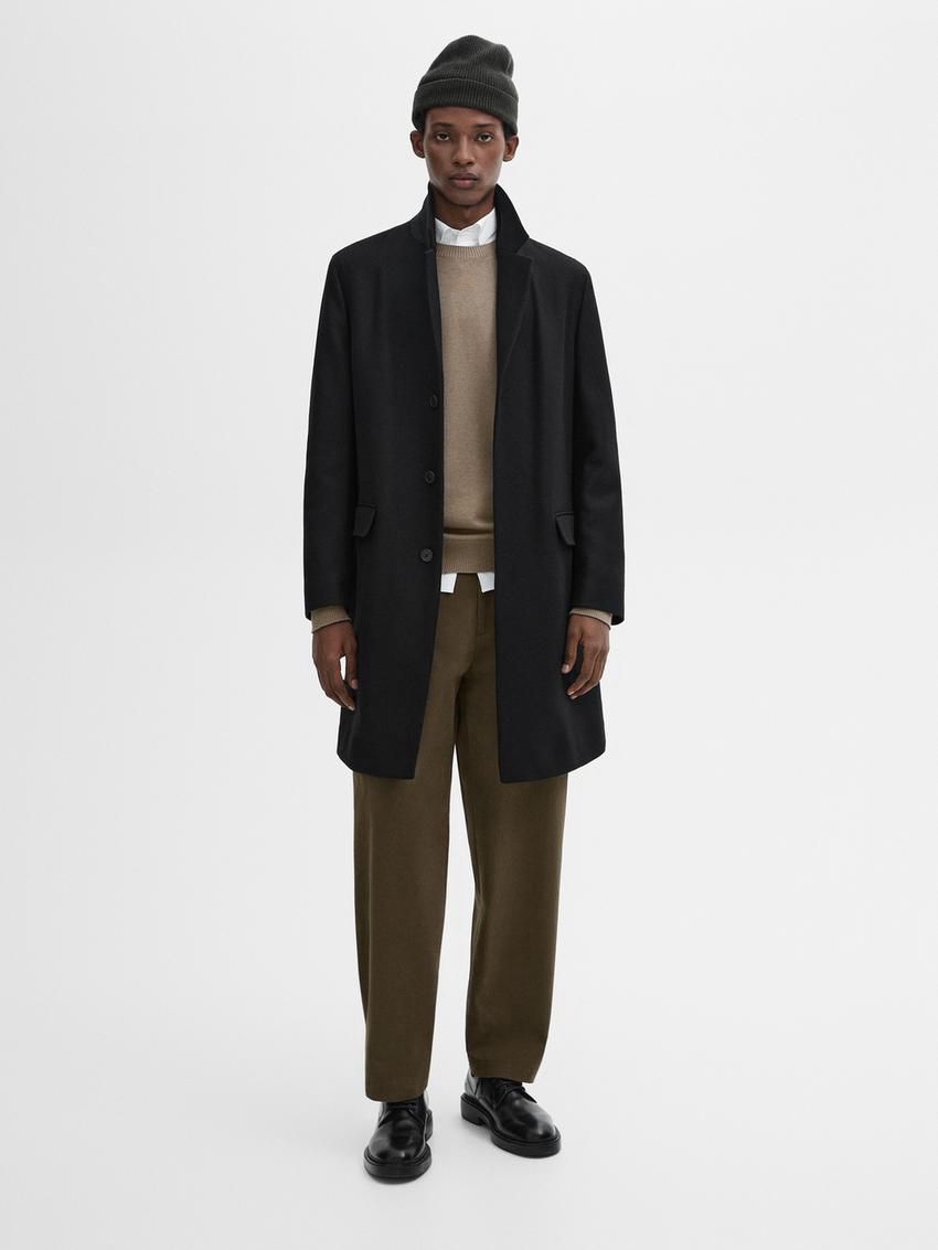 Massimo Dutti Long Wool Blend Men Coat Black | US-RO5763219