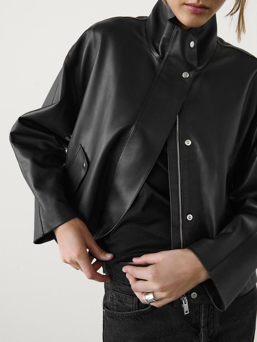 Massimo Dutti Loose-fitting Nappa Women Leather Jacket Black | US-WD1560493