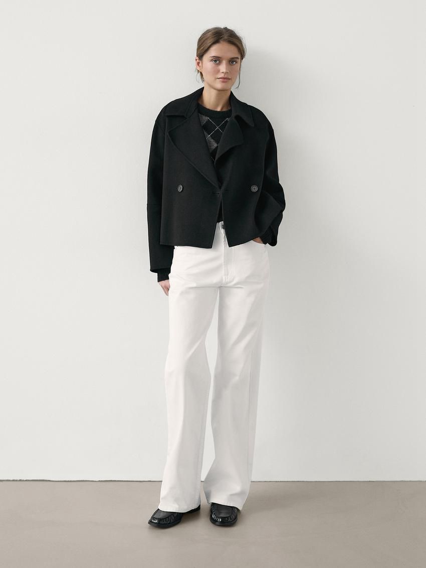 Massimo Dutti Loose-fitting Wool Blend Cropped Women Trench Coat Black | US-AS5904671