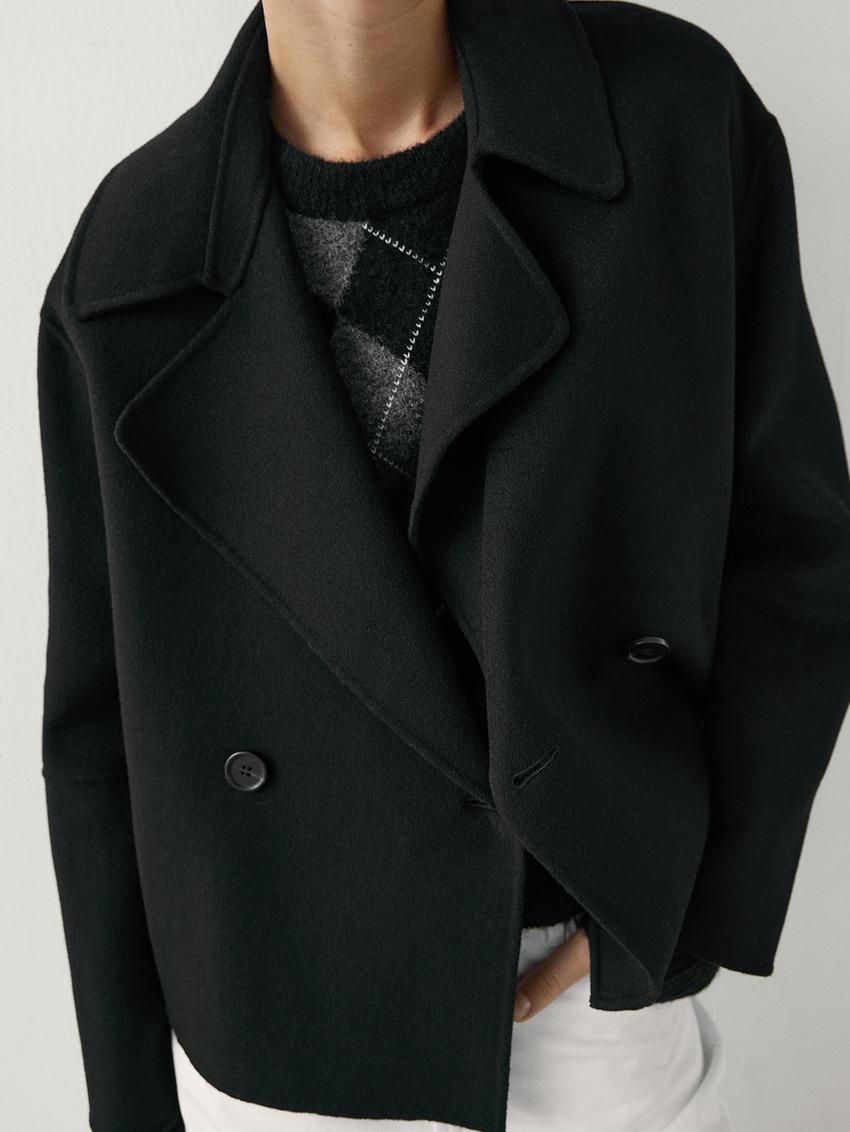 Massimo Dutti Loose-fitting Wool Blend Cropped Women Trench Coat Black | US-AS5904671