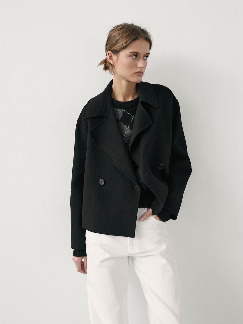 Massimo Dutti Loose-fitting Wool Blend Cropped Women Trench Coat Black | US-AS5904671