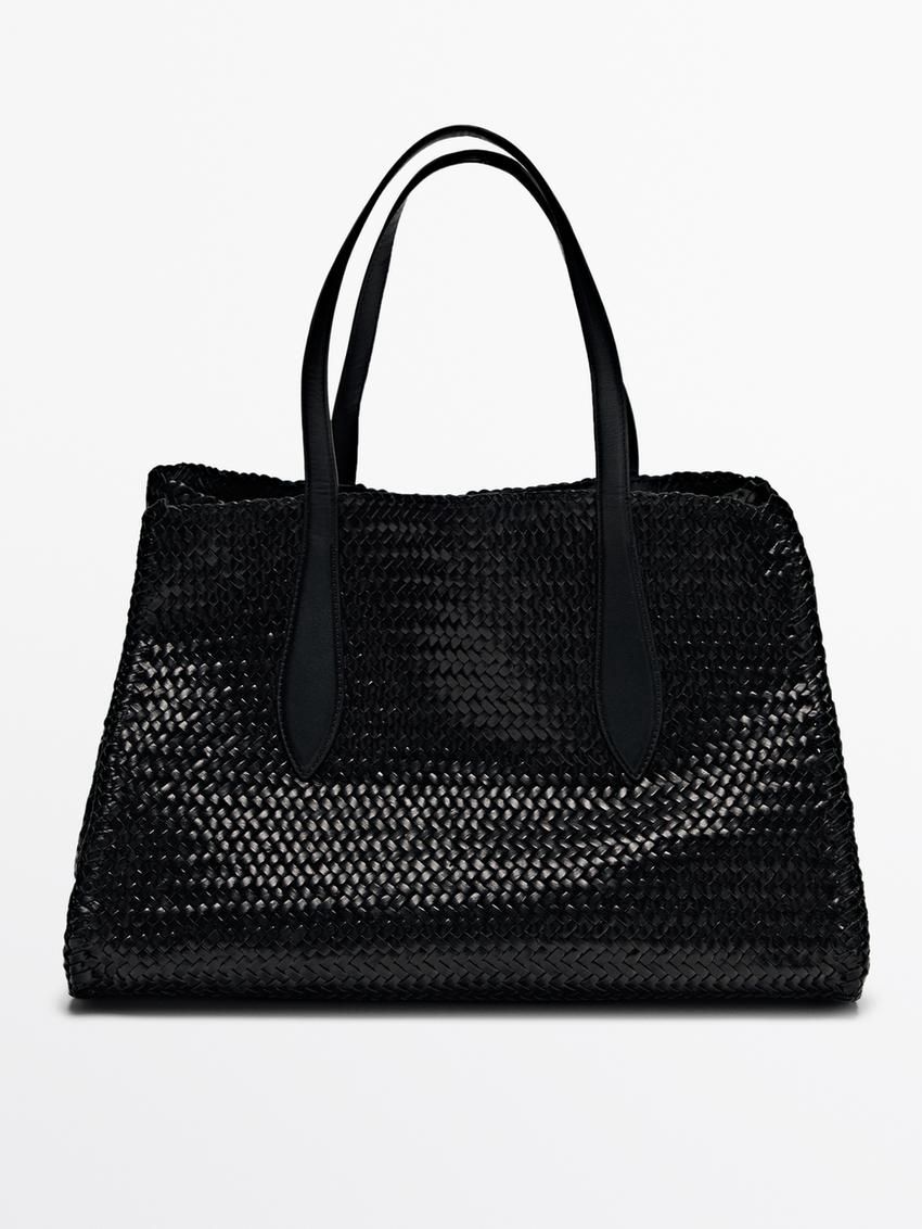 Massimo Dutti Maxi Braided Nappa Leather Satchel Women Handbag Black | US-DW2587610