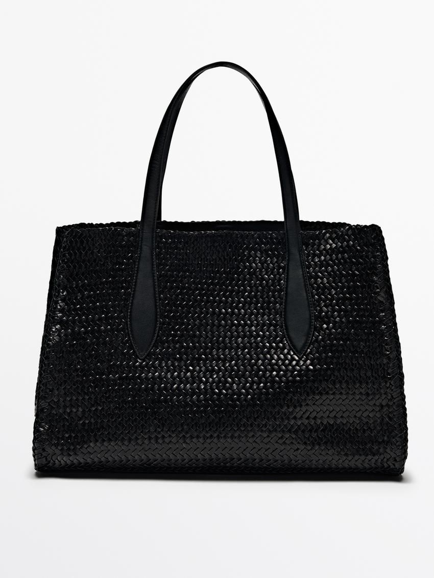 Massimo Dutti Maxi Braided Nappa Leather Satchel Women Handbag Black | US-DW2587610