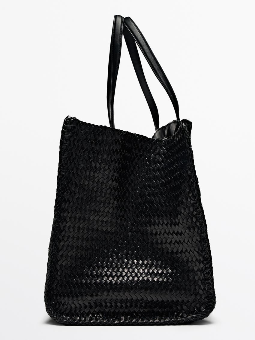 Massimo Dutti Maxi Braided Nappa Leather Satchel Women Handbag Black | US-DW2587610