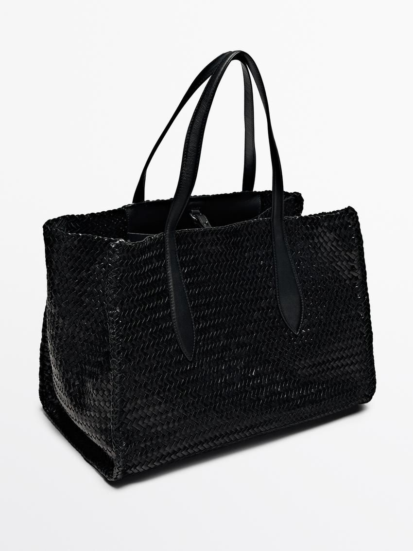 Massimo Dutti Maxi Braided Nappa Leather Satchel Women Handbag Black | US-DW2587610