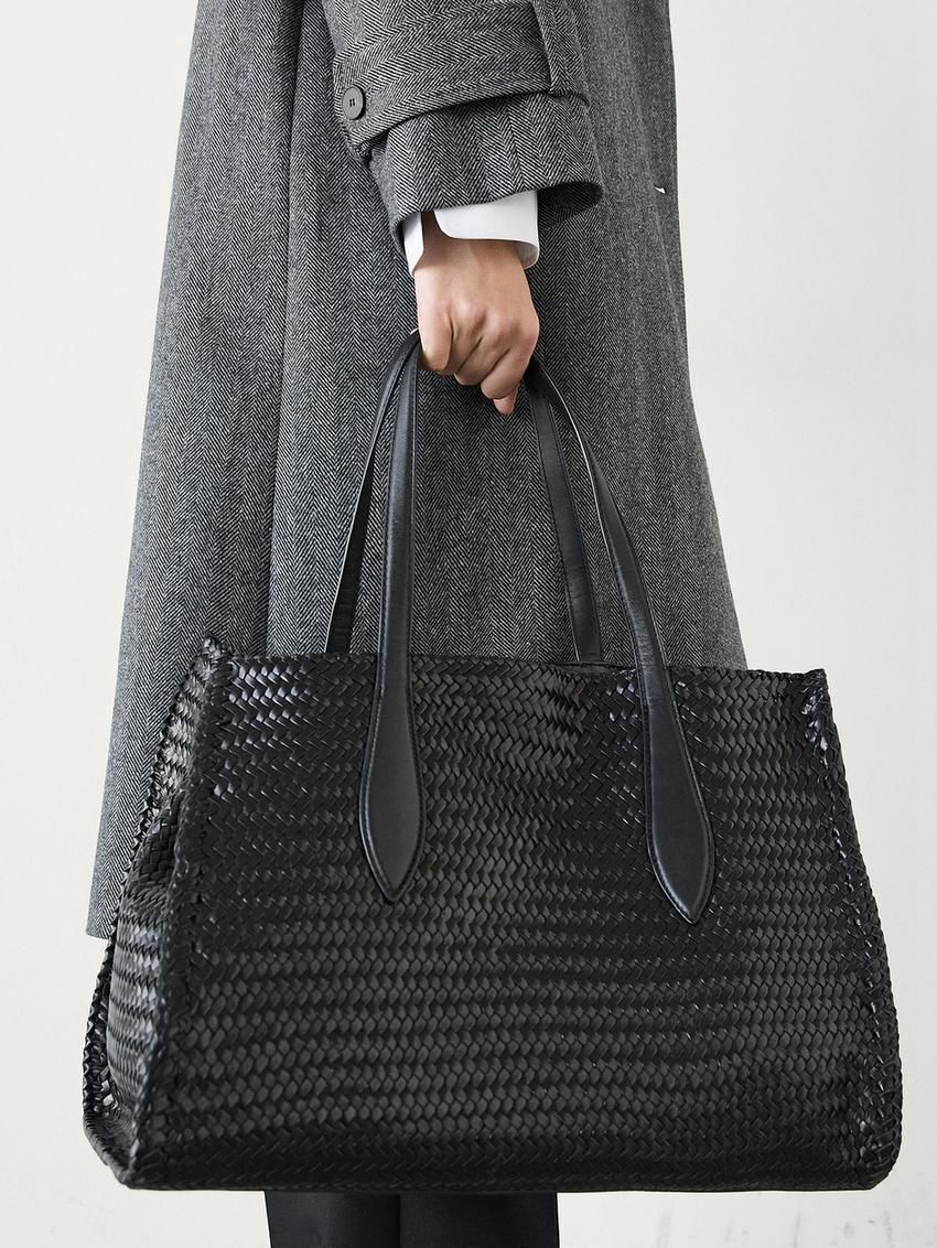 Massimo Dutti Maxi Braided Nappa Leather Satchel Women Handbag Black | US-DW2587610