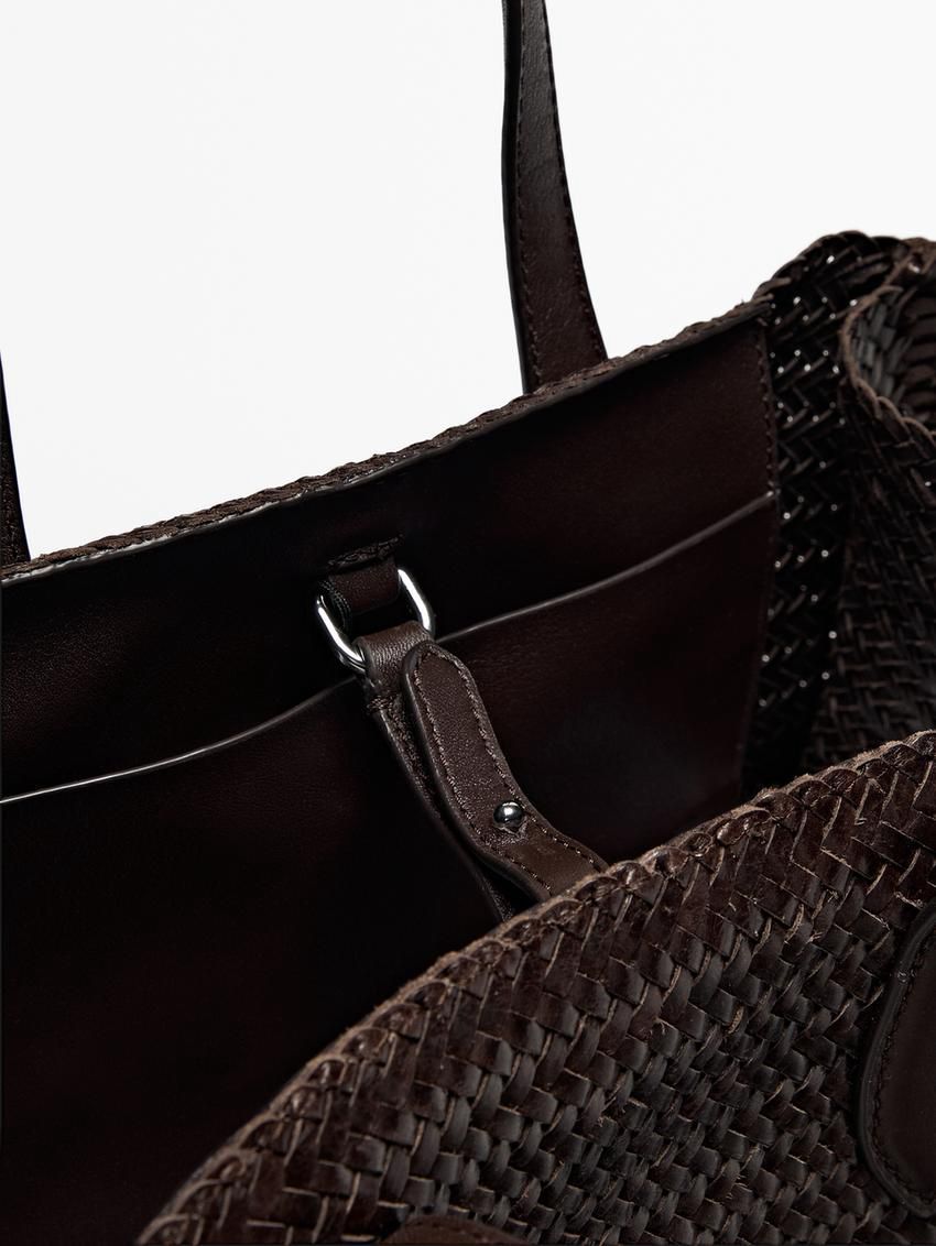 Massimo Dutti Medium Braided Nappa Satchel Women Handbag Dark Brown | US-IR8176032