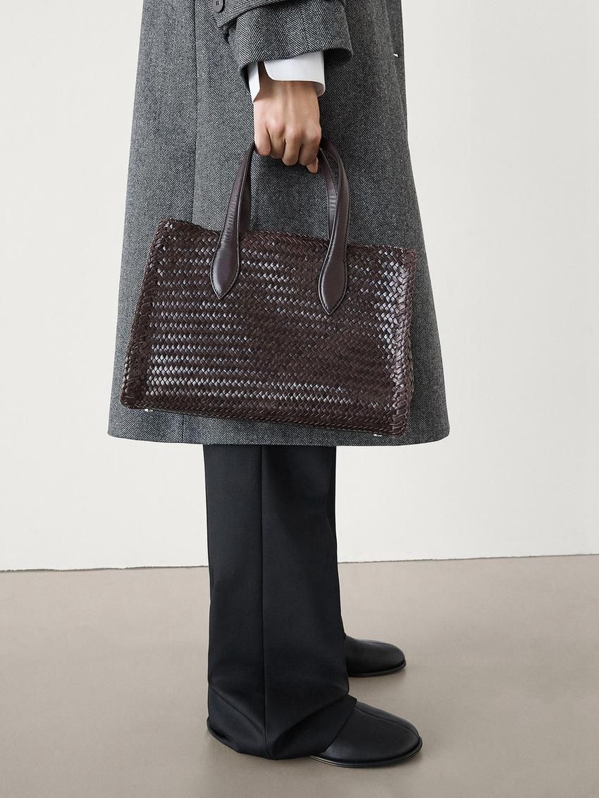 Massimo Dutti Medium Braided Nappa Satchel Women Handbag Dark Brown | US-IR8176032