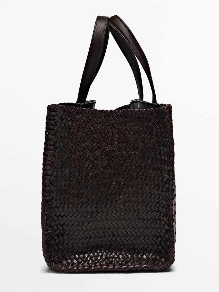Massimo Dutti Medium Braided Nappa Satchel Women Handbag Dark Brown | US-IR8176032