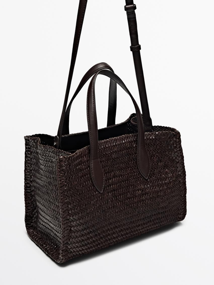 Massimo Dutti Medium Braided Nappa Satchel Women Handbag Dark Brown | US-IR8176032