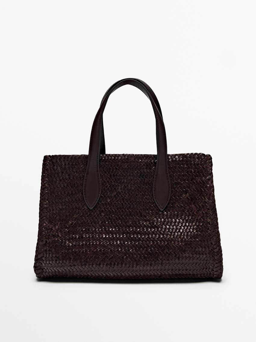 Massimo Dutti Medium Braided Nappa Satchel Women Handbag Dark Brown | US-IR8176032