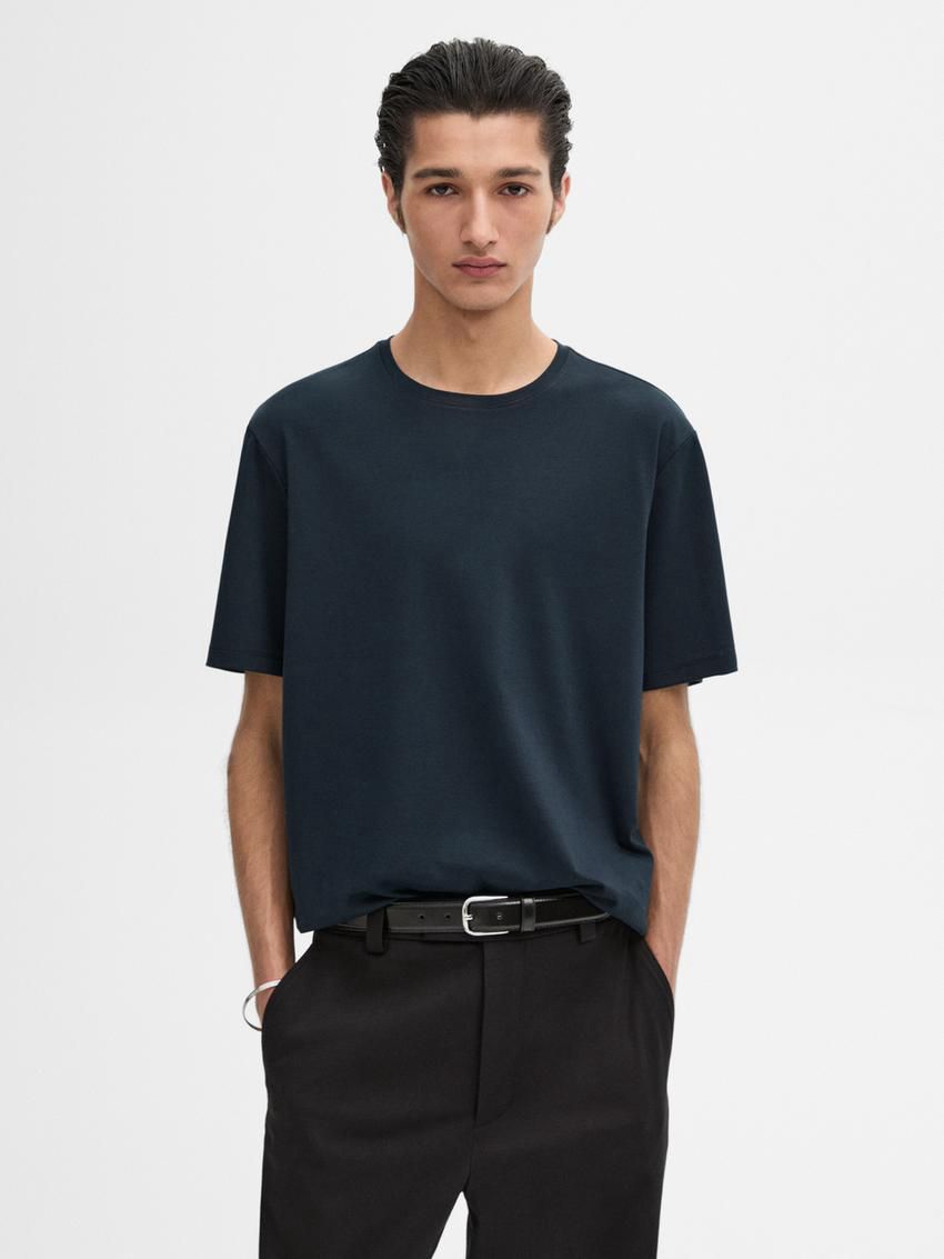 Massimo Dutti Mercerised Cotton Men T-Shirt Dark Blue | US-RQ7109645