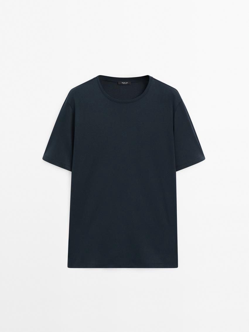 Massimo Dutti Mercerised Cotton Men T-Shirt Dark Blue | US-RQ7109645