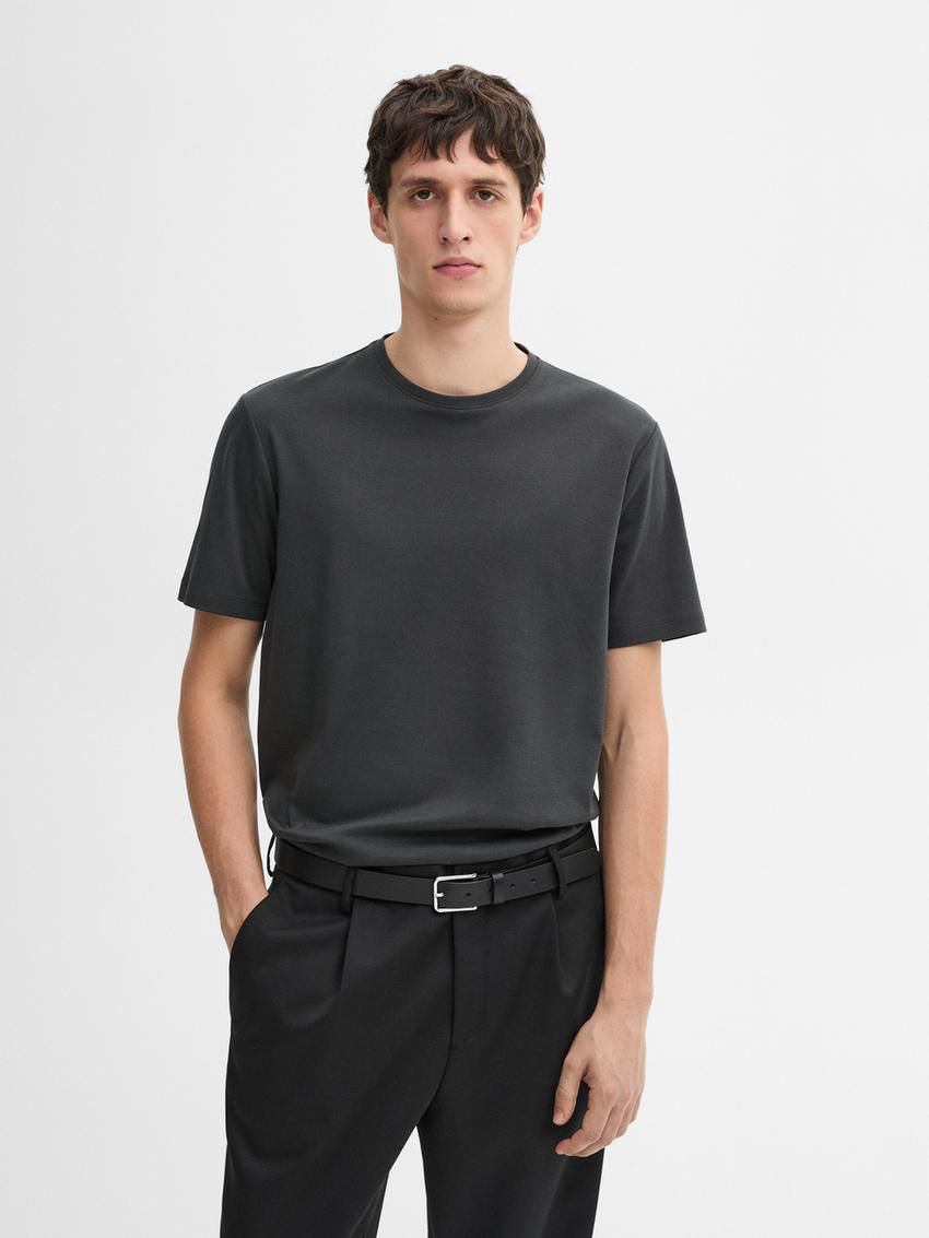 Massimo Dutti Mercerised Cotton Men T-Shirt Dark Grey | US-LG9817045