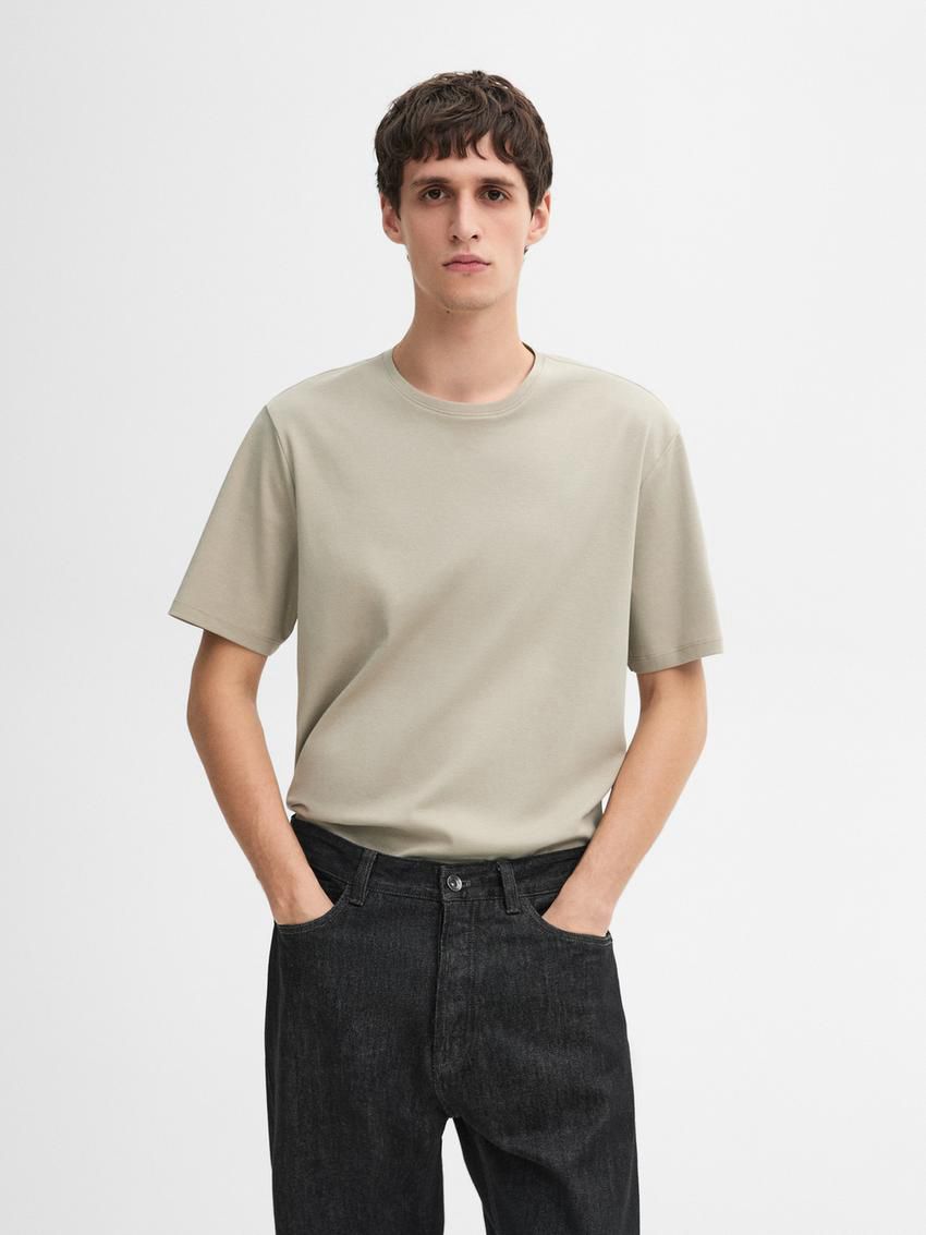 Massimo Dutti Mercerised Cotton Men T-Shirt Light Khaki | US-BD7903521