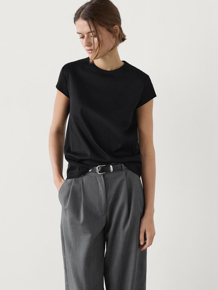 Massimo Dutti Mercerised Cotton Women T-Shirt Black | US-KV4079283