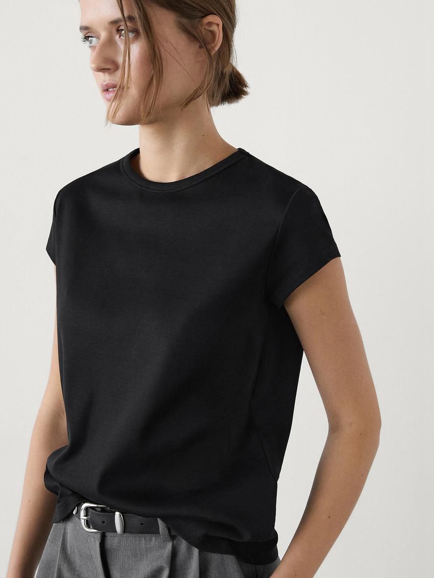 Massimo Dutti Mercerised Cotton Women T-Shirt Black | US-KV4079283