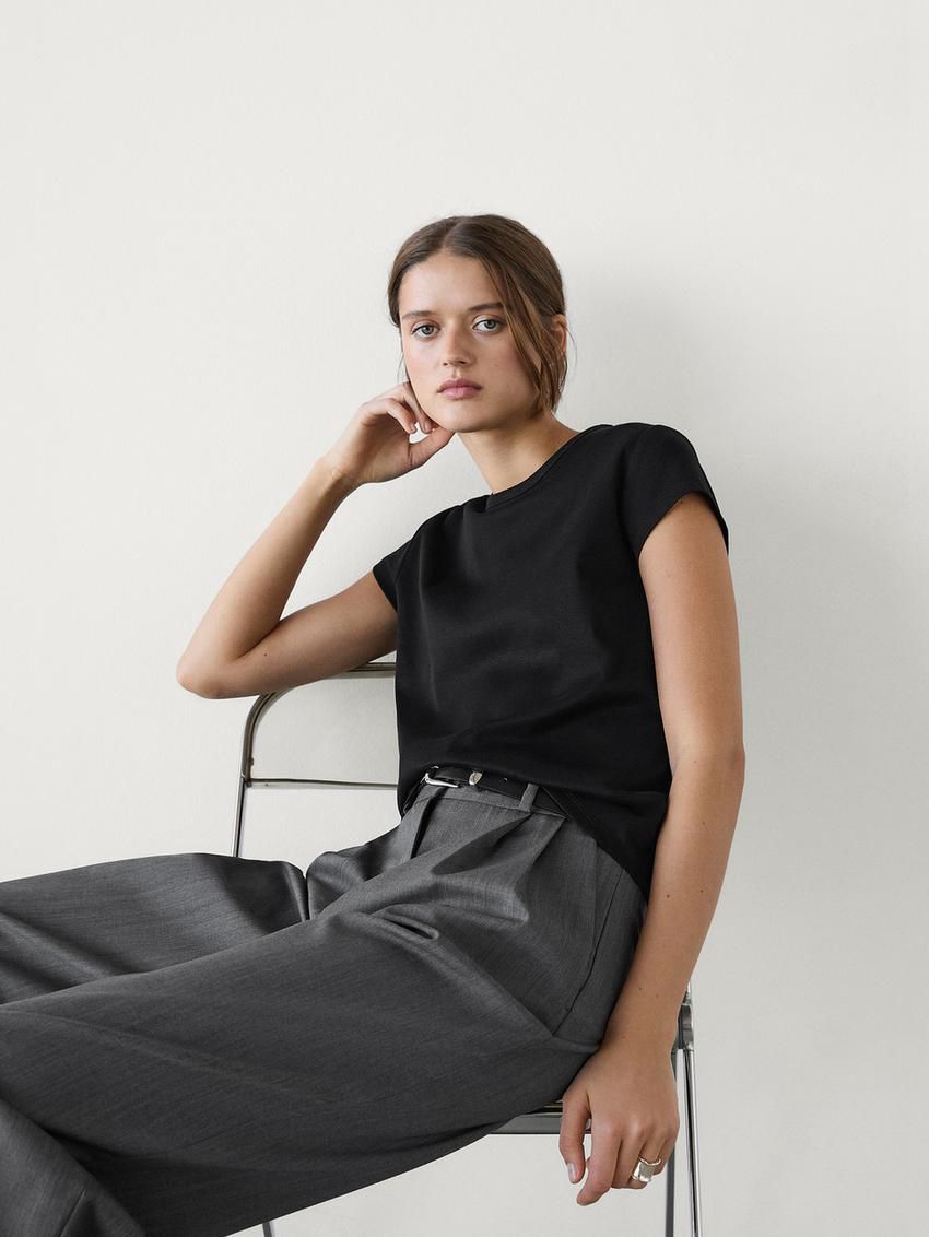 Massimo Dutti Mercerised Cotton Women T-Shirt Black | US-KV4079283