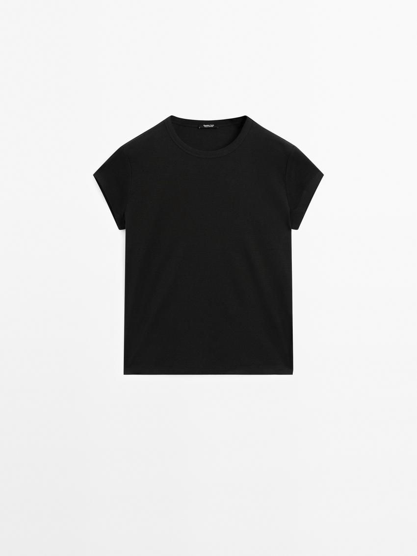 Massimo Dutti Mercerised Cotton Women T-Shirt Black | US-KV4079283