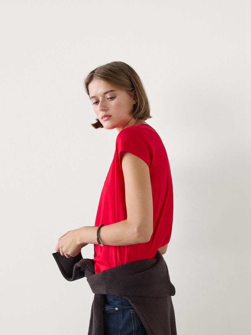 Massimo Dutti Mercerised Cotton Women T-Shirt Red | US-PM3740865