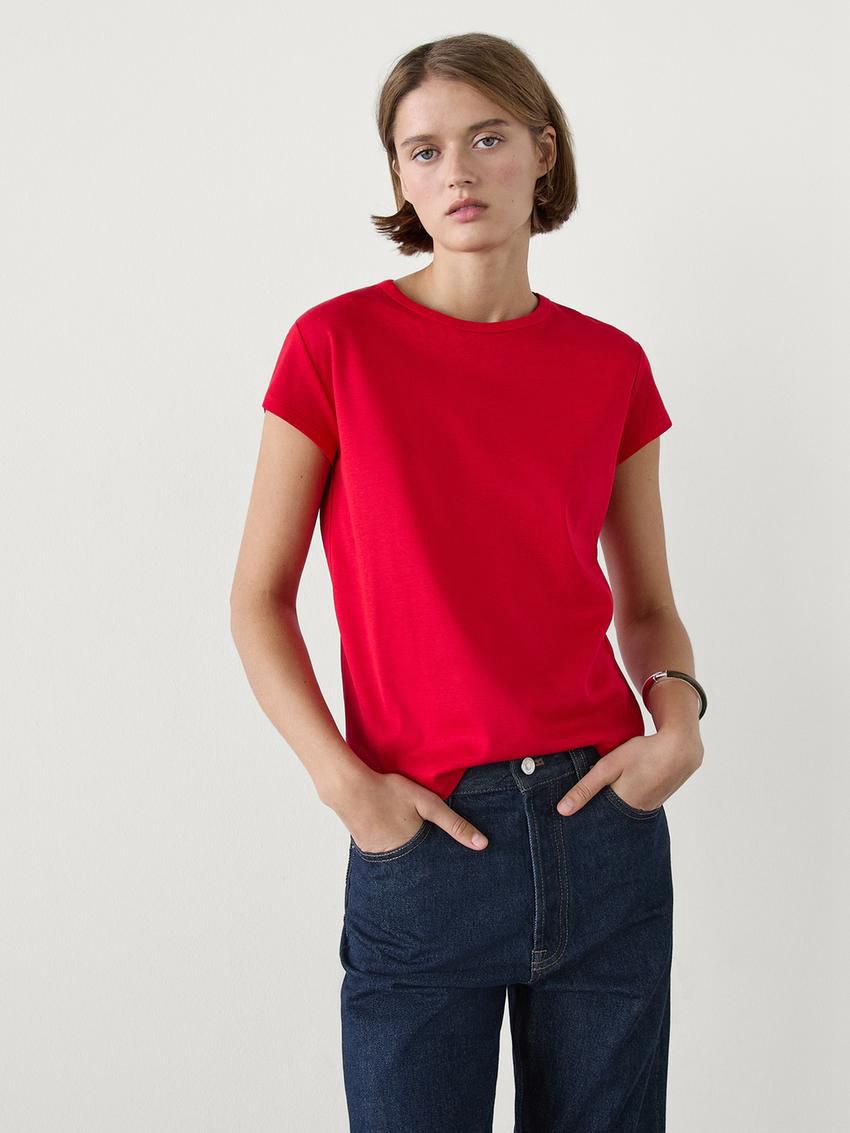 Massimo Dutti Mercerised Cotton Women T-Shirt Red | US-PM3740865