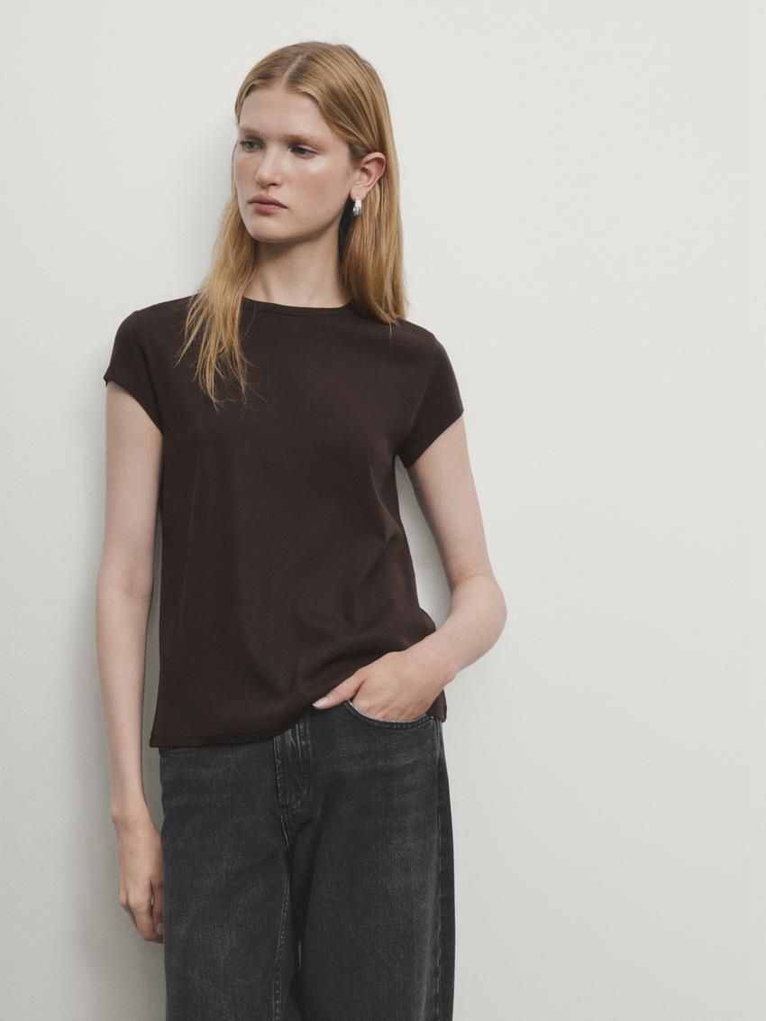 Massimo Dutti Mercerised Cotton Women T-Shirt Dark Brown | US-BL0124539
