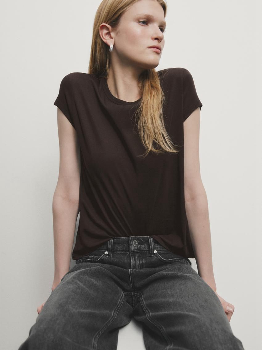 Massimo Dutti Mercerised Cotton Women T-Shirt Dark Brown | US-BL0124539