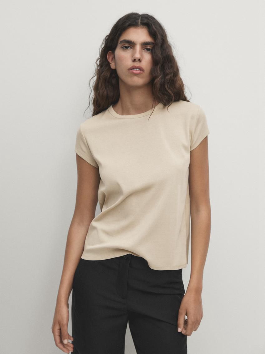 Massimo Dutti Mercerised Cotton Women T-Shirt Cream | US-NE9814327